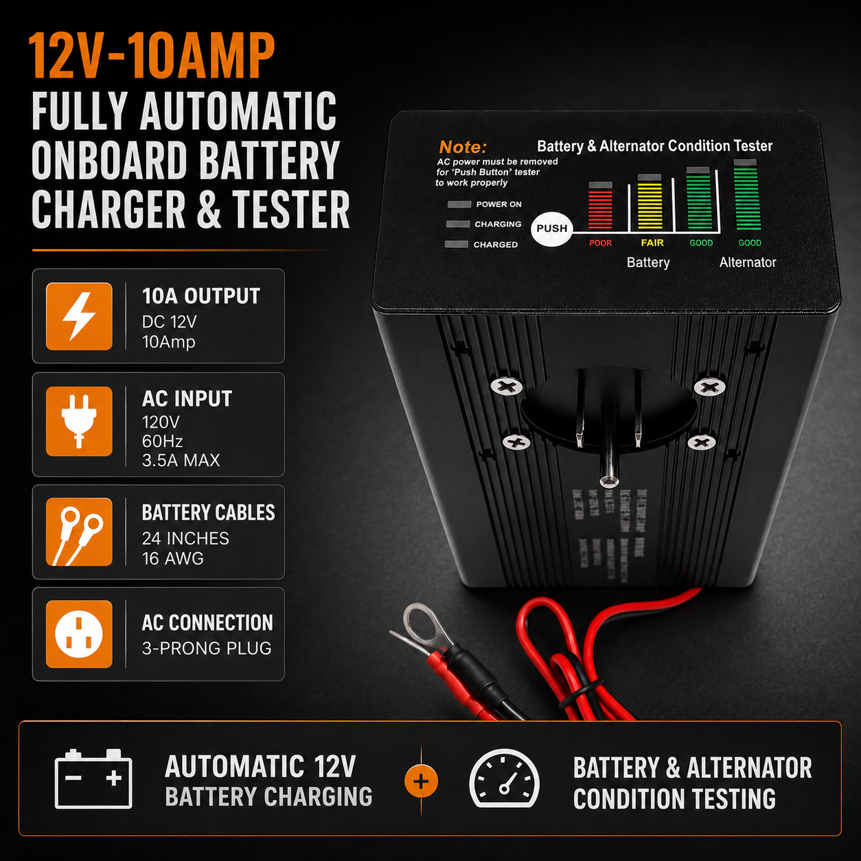 10 Amp Panel Mount Battery Charger & Tester for Dump Trailer