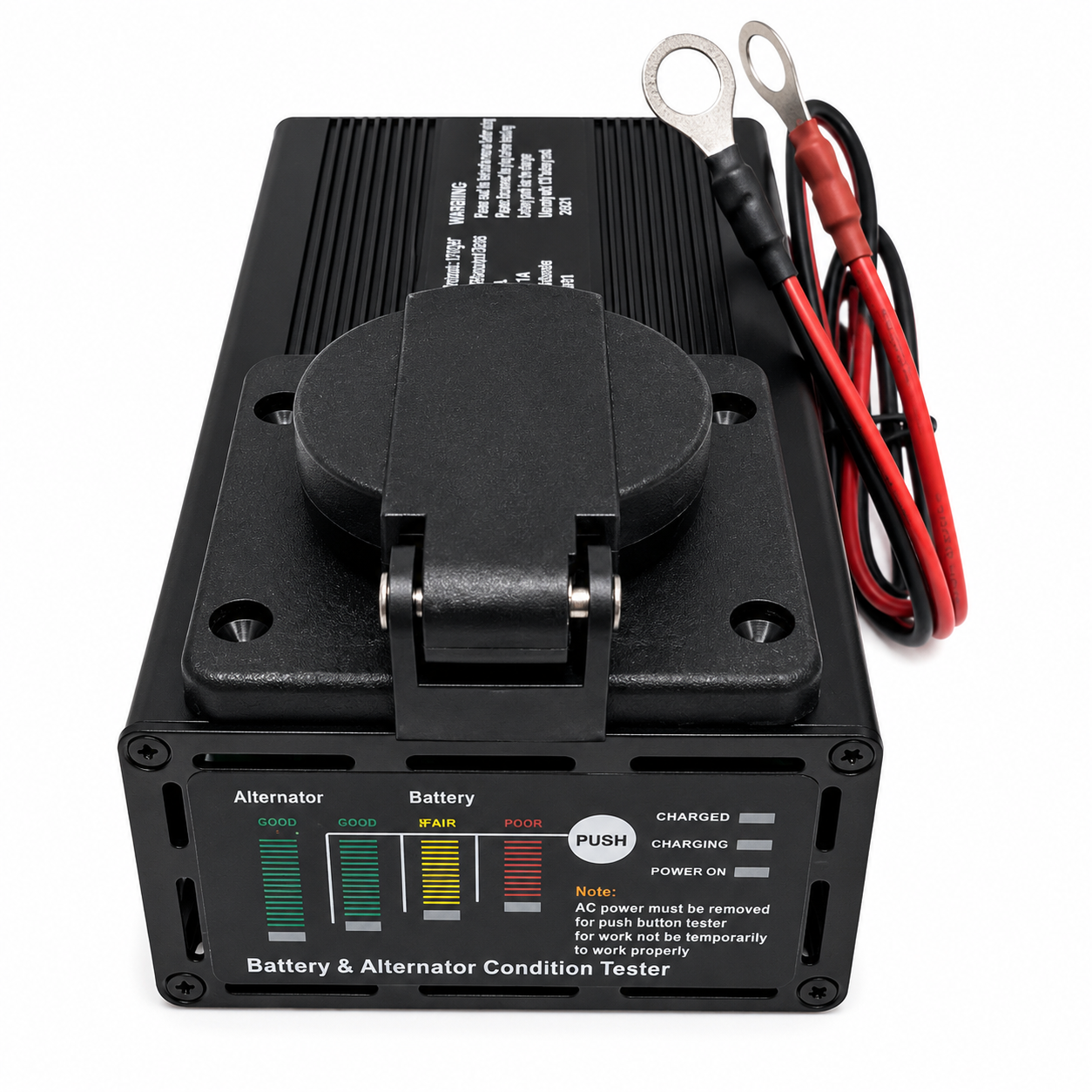 Black battery and alternator condition tester with red and black test leads, shown on a white background.