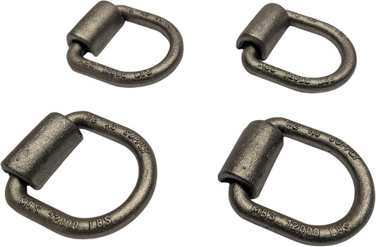 Four metallic D-rings on a white background