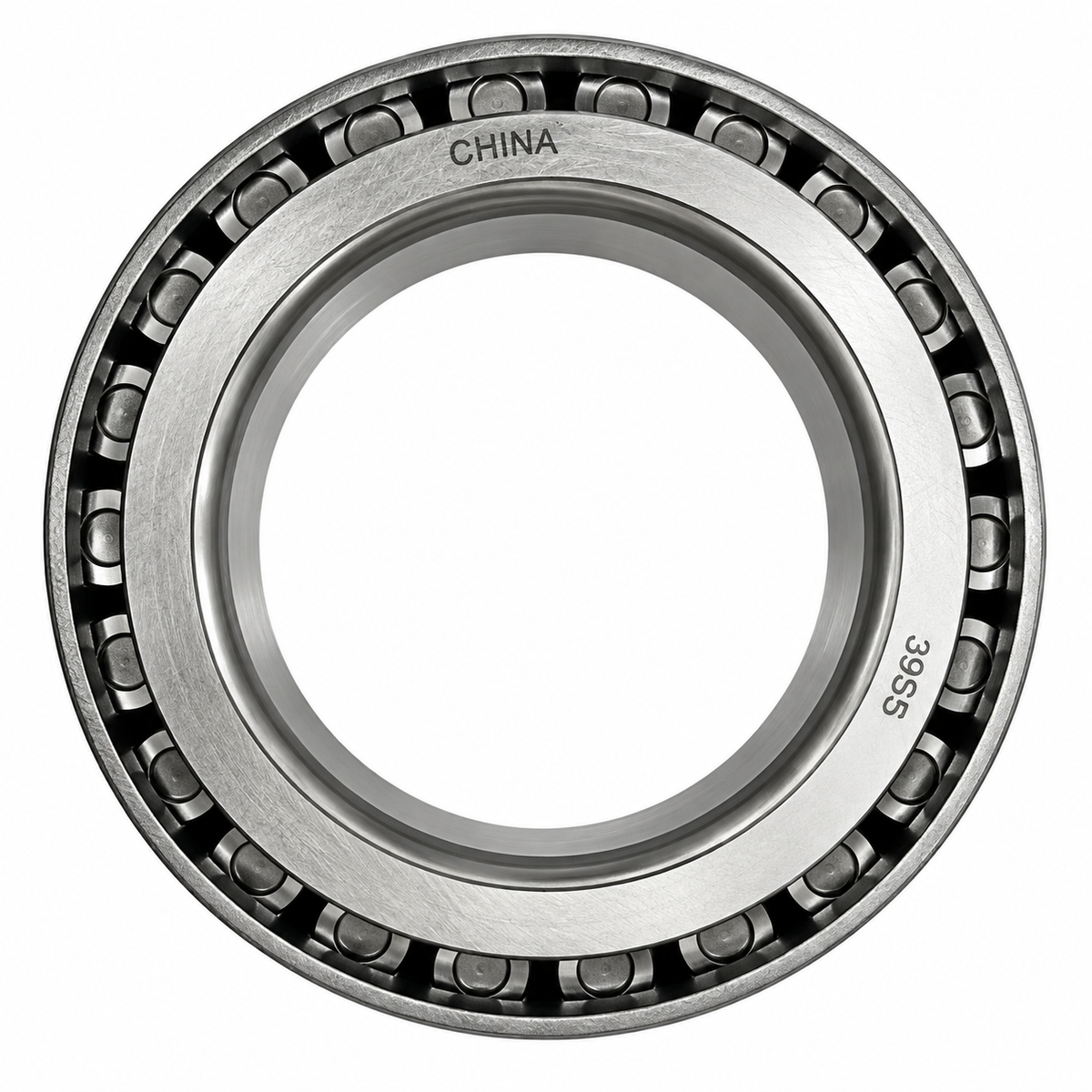 A metal ball bearing with visible inner and outer rings and rolling balls, photographed on a plain white background. The inner ring is marked 'CHINA' and the outer ring has the marking 395S