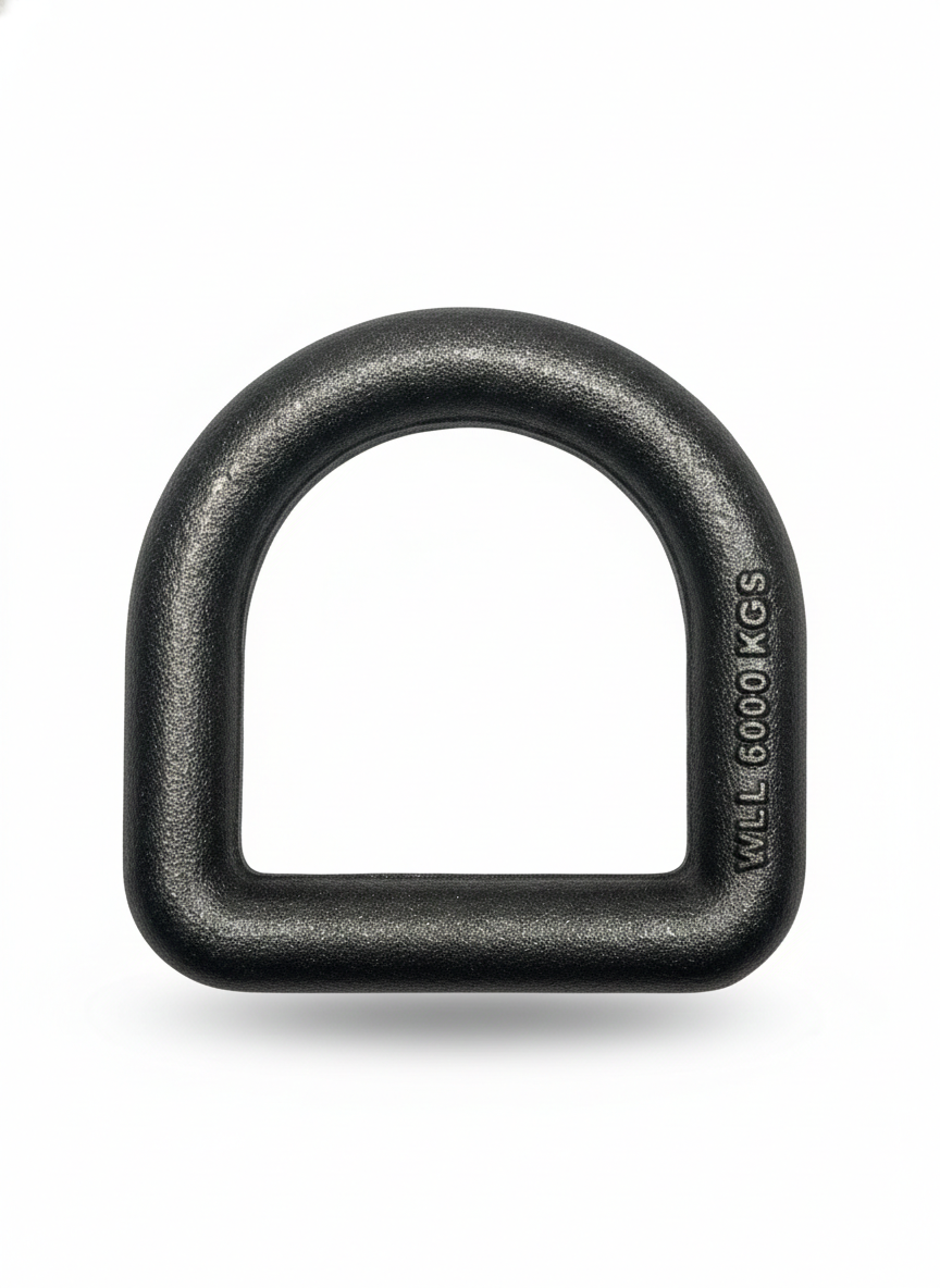 3/4" Steel Weld on D-Ring with Mounting Clip. 26,500lbs Breaking Strength, 8833lbs Working Load Limit