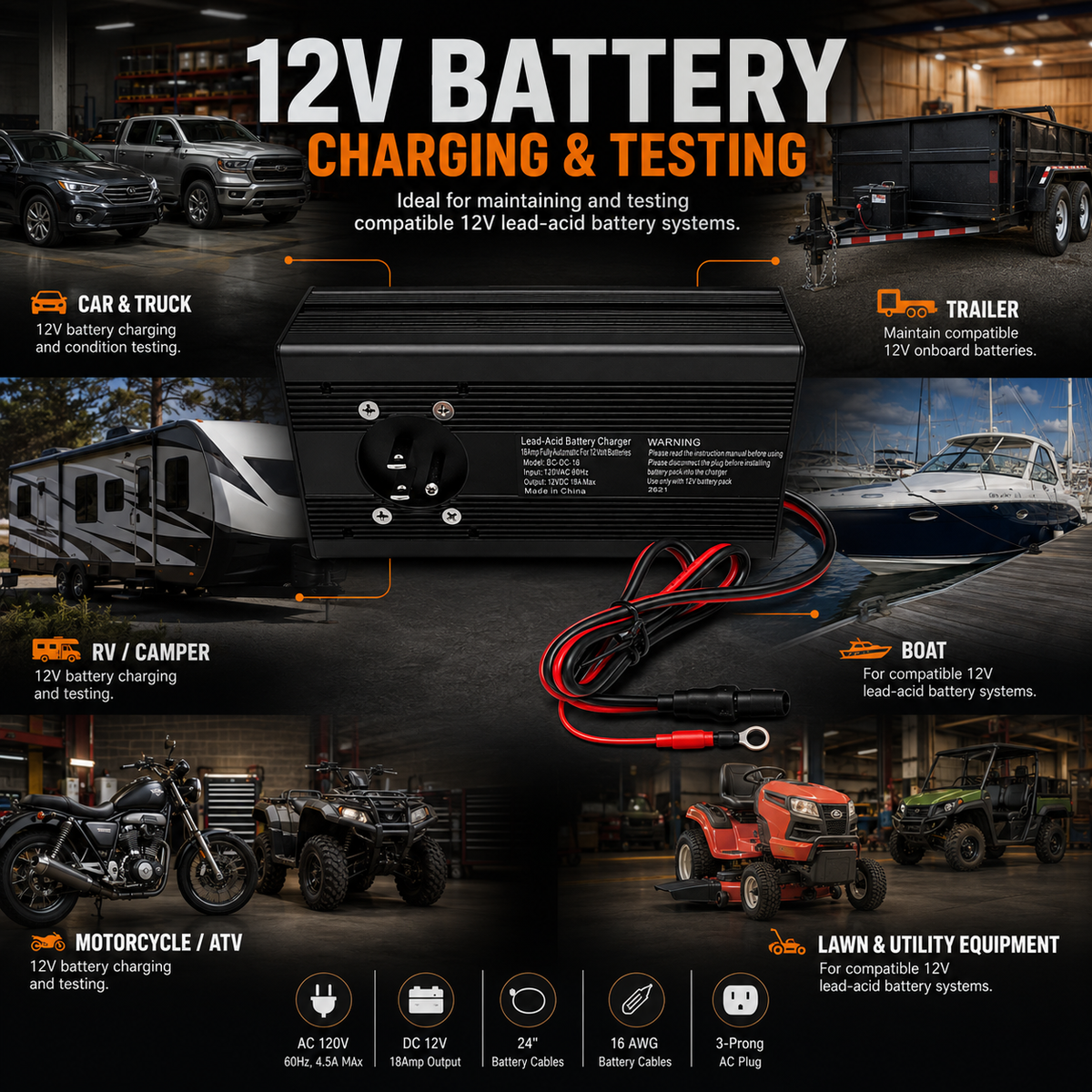 18 Amp Panel Mount Battery Charger & Tester for Dump Trailers